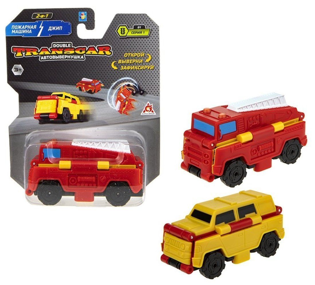 Машинка 1 TOY Transcar Double 2 в 1: Пожарная машина/Джип (Т18277), 8 см, красный/желтый
