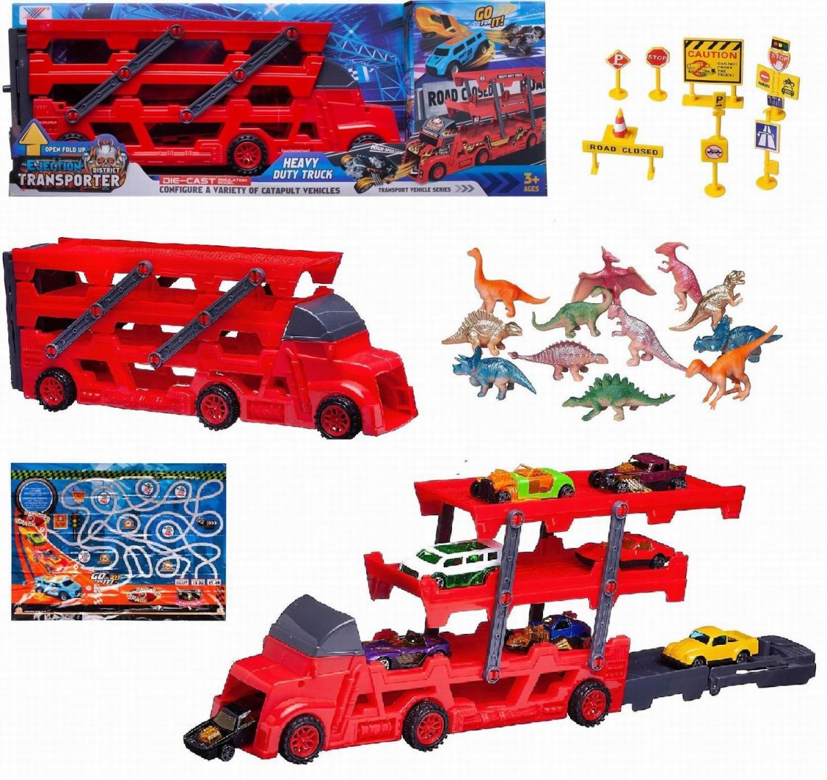 Машинка Junfa Автовоз-катапульта красный с 8 машинками и 12 фигурками динозавров