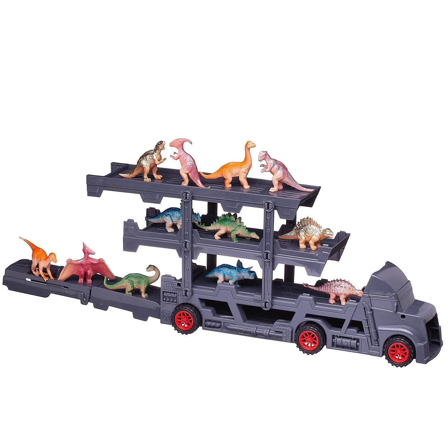 Машинка Junfa Автовоз-катапульта серый с 8 машинками и 12 фигурками динозавров