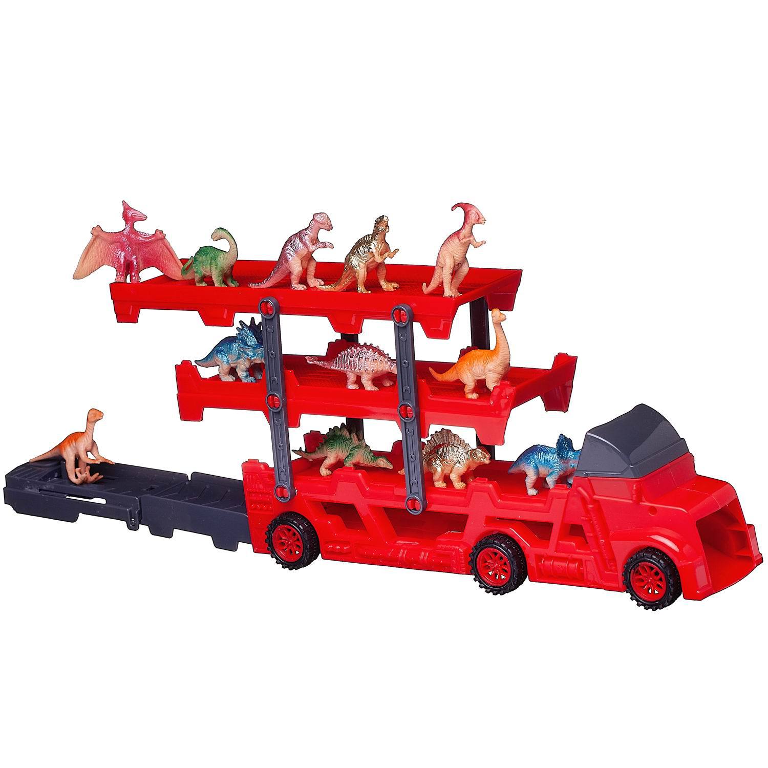 Машинка Junfa Автовоз-катапульта красный с 8 машинками и 12 фигурками динозавров