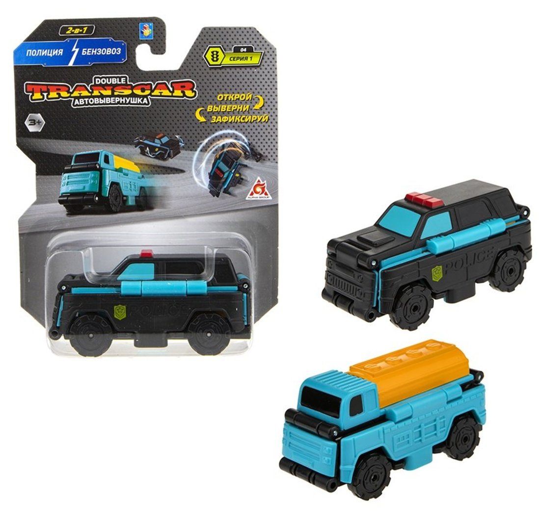 Машинка 1 TOY Transcar Double 2 в 1: Полицейский джип/Бензовоз Т18279, 8 см, черный/голубой
