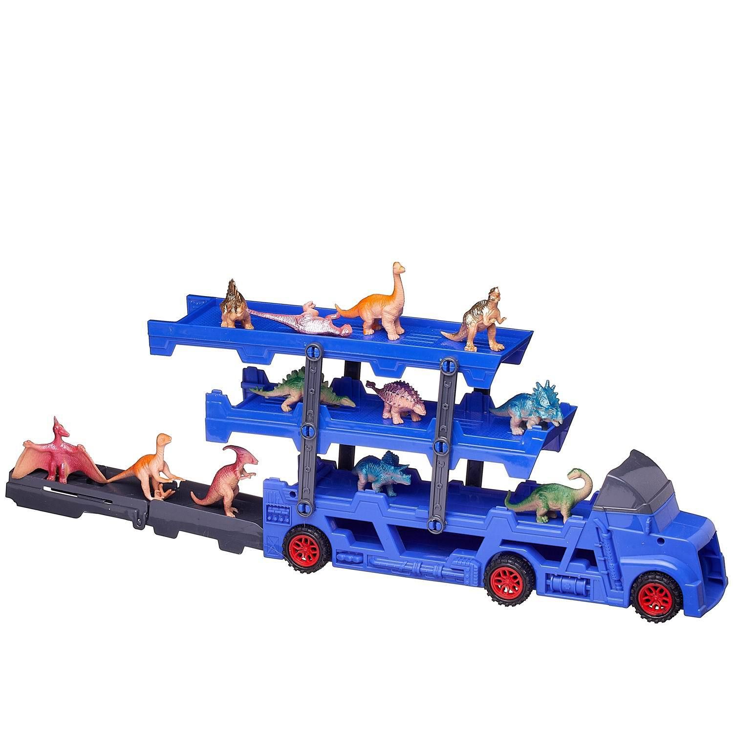 Машинка Junfa Автовоз-катапульта голубой с 8 машинками и 12 фигурками динозавров