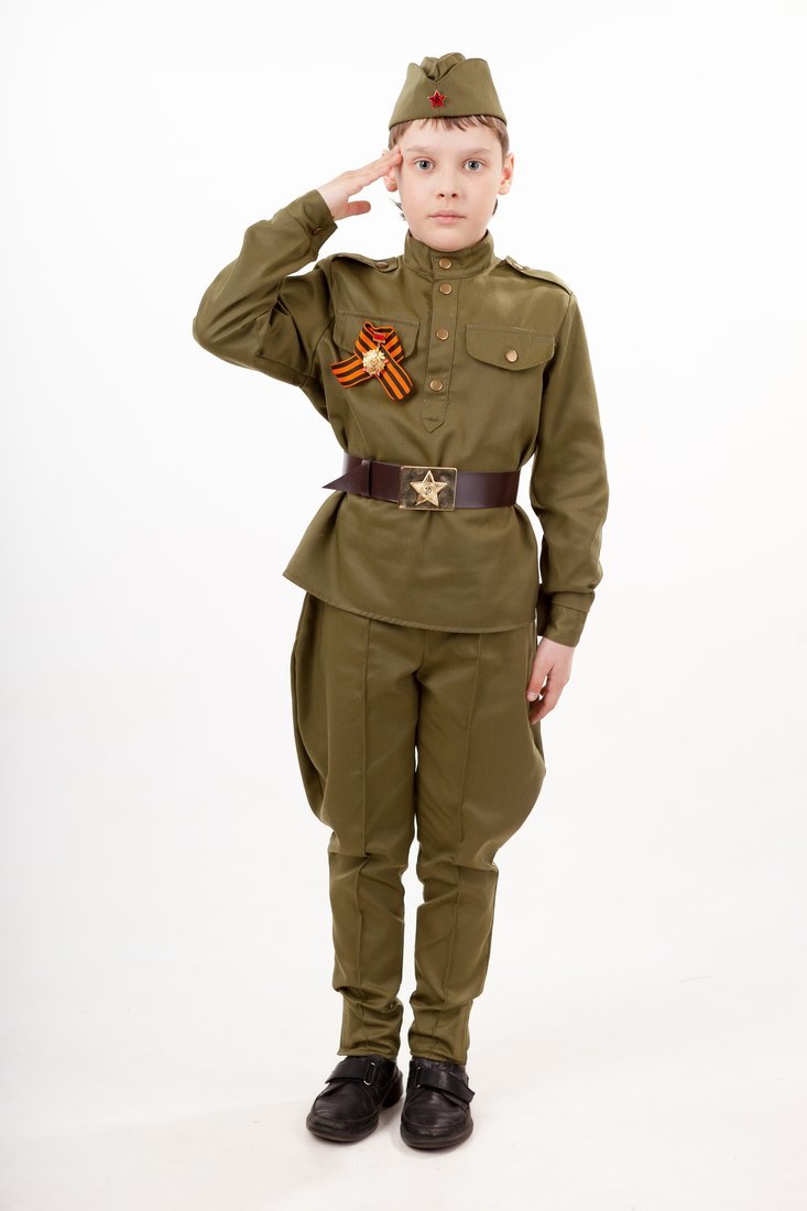 Костюм Солдат: гимнастерка, брюки, пилотка, ремень, георгиевская лента, размер 140-72