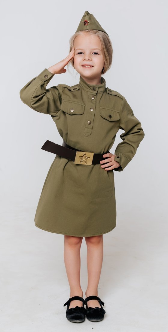 Костюм Солдатка: гимнастерка, юбка, пилотка, ремень, размер 152-80