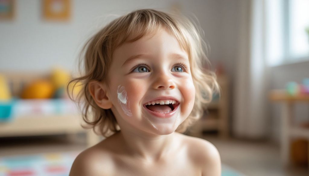 Смеющийся ребёнок в комнате. На щеке детский крем