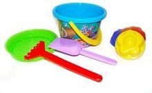 Набор для песка №182: ведро среднее с наклейкой, ситечко, 3 формочки, лопатка, грабельки