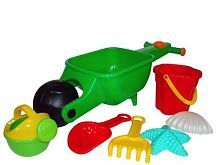 Набор №337: тачка Малыш, ведро-цветок среднее №3, совок №10, грабли №10, формочки (морская звезда №1 + ракушка №1), лейка малая №4, 64х23х23 см