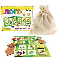 Лото Овощи и фрукты 48 деревянных фишек + 8 карточек + мешочек