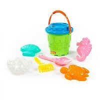 Набор для песочницы ПОЛЕСЬЕ №532: ведро-замок большое, ситечко-замок, лопатка №5, грабельки №5, формочки (краб №2 + морской конёк + ракушка №2 + череп