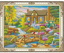 Алмазная мозаика "Домик в лесу", камни разных форм, 40х50 см (с подрамником, с полным заполнением)
