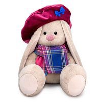 Зайка Ми в бархатном берете и шарфе в клетку 23 см