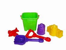 Набор №300: ведро-крепость большое, совок №8, грабельки №8, формочки (самолёт + замок башня + замок стена с одной башней) 19х17,5х21 см