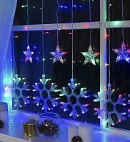 Новогоднее украшение MILAND Гирлянда Штора со снежинками и звездами длина 3,5 м, 24 разноцветные лапмы