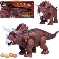 Динозавр Junfa Трицератопс, коричневый, электромеханический, откладывает яйца, свет, звук