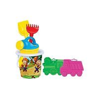 Набор № 314: ведро с наклейкой, лопатка №5, грабельки №5, формочки (самосвал + паровоз), лейка малая №4, 17х17х23 см