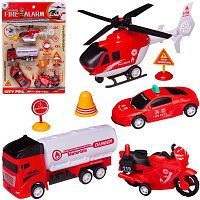 Игровой набор Junfa Пожарная служба (2 машинки, вертолет, мотоцикл инерционные, пластмассовые, дорожные знаки)
