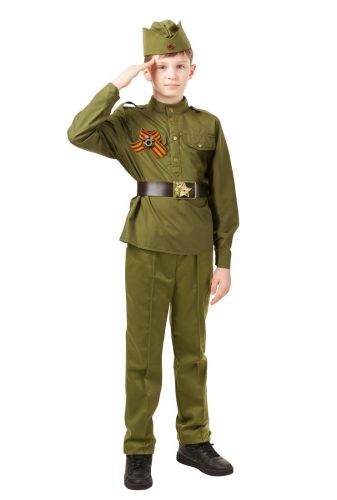 Костюм Солдат: гимнастерка, брюки, пилотка, ремень, георгиевская лента, размер 146