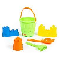 Набор для песочницы ПОЛЕСЬЕ №524: ведро-замок большое, лопатка №5, грабельки №5, формочки (замок мост + замок башня + замок стена с двумя башнями)