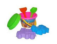 Набор №252: ведро среднее с наклейкой, ситечко, совок №2, грабельки №2, формочки (самосвал + паровоз) 17х16,5х15,5 см