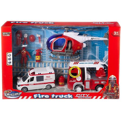 Игровой набор Junfa Служба спасения (пожарная машина, скорая помощь, вертолет, акссесуары), со световыми и звуковыми эффектами, в коробке фото 2