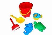 Набор №309: ведро-цветок среднее №3, лопатка №5, грабельки №5, формочки (черепаха + морской конёк), лейка малая №3, 16х16х21,5 см