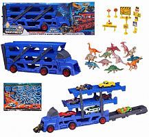 Машинка Junfa Автовоз-катапульта голубой с 8 машинками и 12 фигурками динозавров