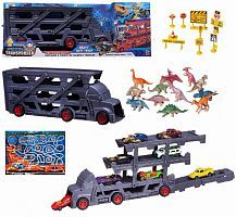 Машинка Junfa Автовоз-катапульта серый с 8 машинками и 12 фигурками динозавров