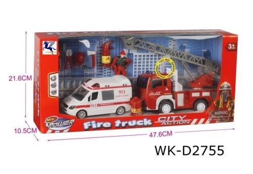 Игровой набор Junfa Служба спасения (пожарная машина, скорая помощь, фигурка пожарного, акссесуары), со световыми и звуковыми эффектами, в коробке