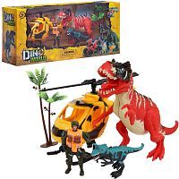Игровой набор Junfa "Мир динозавров" (большой динозавр, маленький динозавр, вертолет, фигурка человека, акссесуары)