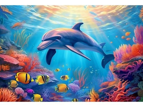 Алмазная мозаика Дельфин в коралловом рифе, 30х40 см, 30 цв., полн. заполнение, с подр.