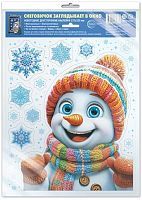 Наклейки новогодние на окна Снеговик заглядывает в окно (видны с обеих сторон, многоразовые), формат А4