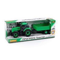 Трактор Прогресс с бортовым прицепом инерционный, (зелёный)