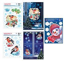 Наклейки новогодние на окна в комплекте Снеговик и снегири, формат А4