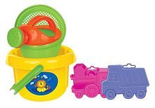 Набор №232 Ведро большое, ситечко, формочки (самосвал+паровоз), лейка малая №4., 19,7х19,7х17 см