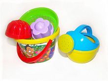 Набор №223: ведро среднее с наклейкой, ситечко, 2 формочки, лейка малая №4, 17х15,5х15 см