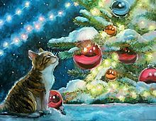 Алмазная мозаика Котёнок у заснеженной ёлки 40х50 см, 30 цв, полн. заполнение, с подр.
