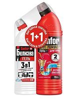 Набор SANFOR Средство для прочистки труб TURBO, 750 г + Белизна гель, 500 г