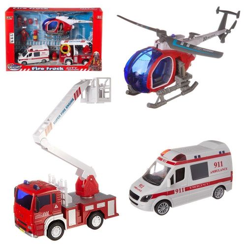 Игровой набор Junfa Служба спасения (пожарная машина, скорая помощь, вертолет, акссесуары), со световыми и звуковыми эффектами, в коробке