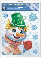 Наклейки новогодние на окна Снеговичок подглядывает в окно (видны с обеих сторон, многоразовые), формат А4