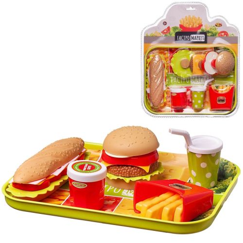 Игровой набор Abtoys Набор продуктов Гастромаркет (бургер, сэндвич, картошка, напиток) на подносе