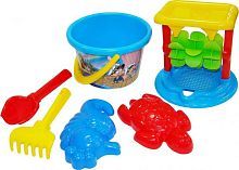 Набор №348: песочная мельница №2 с основанием ситечко среднее №2, ведро среднее с наклейкой, совок №2, грабельки №2, формочки (морской конёк + черепах