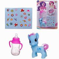 Игровой набор Abtoys Моя лошадка Пони голубая с бутылочкой-поильником и наклейкам